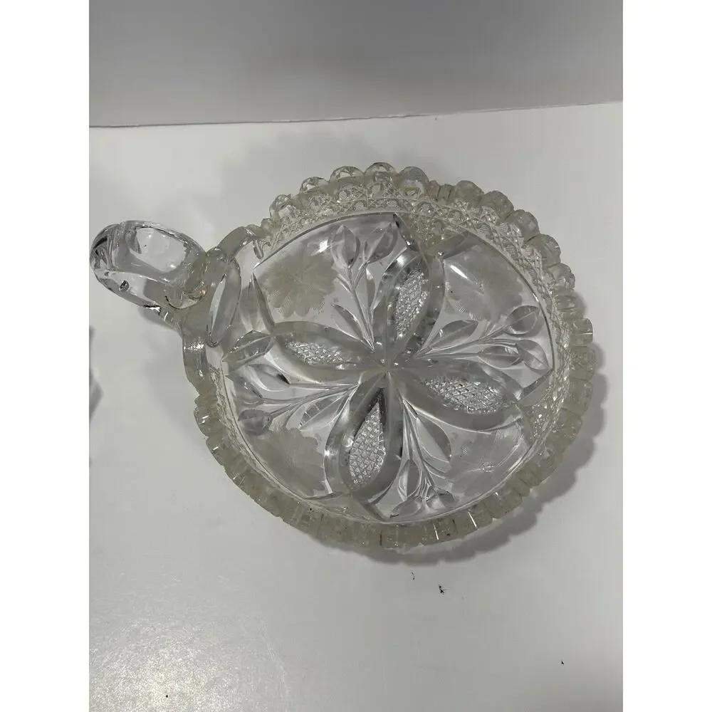 Lot 2 Vintage Large Lead Crystal Cut Clear Glass Ashtray‎ 7” Heavy Dish Etched